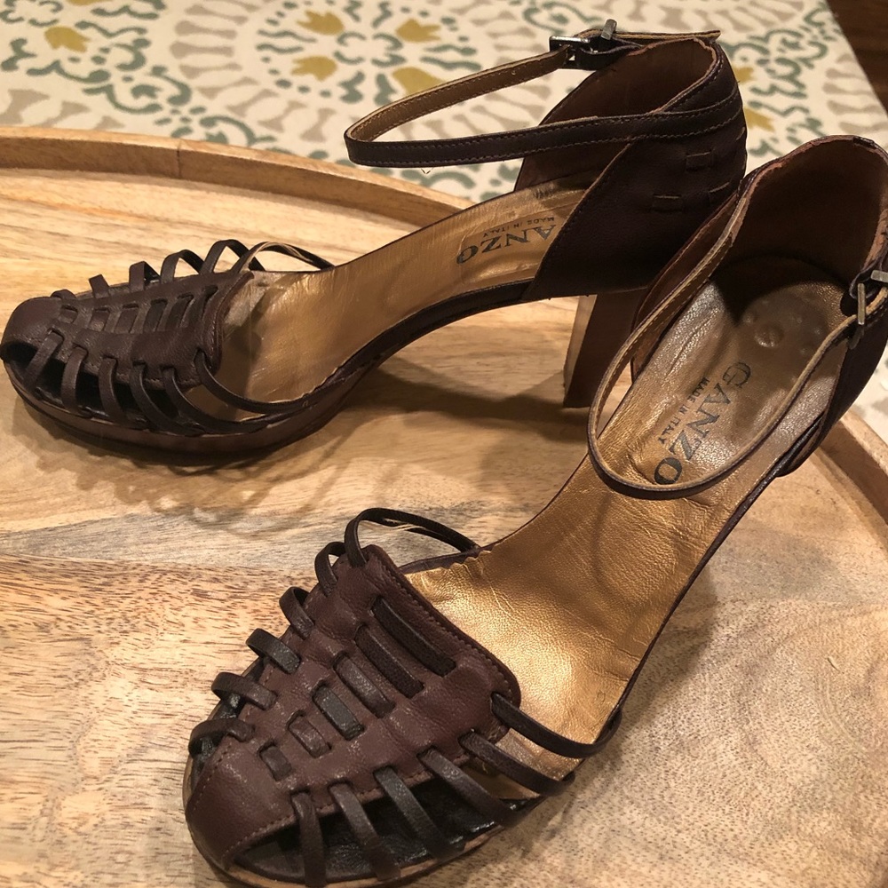 Ganzo Brown Strappy Leather Heels. Made in Italy.